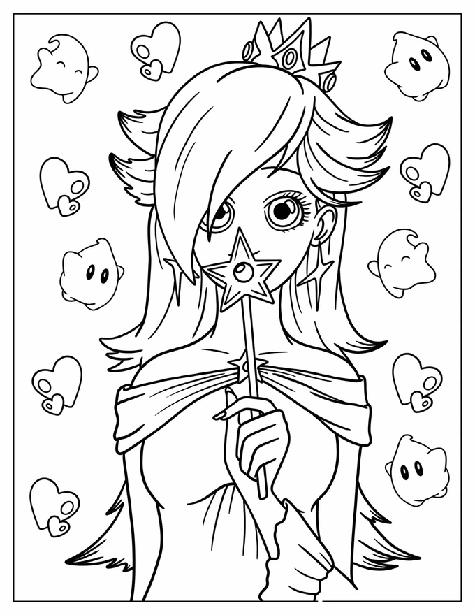 Anime Rosalina Holding Up Star Wand Coloring Page