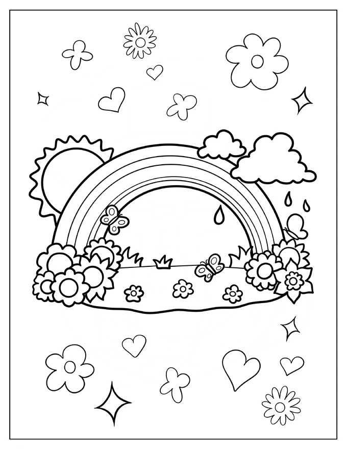 Spring Sun, Rainbow And Flower Field Coloring Sheet For Preschoolers