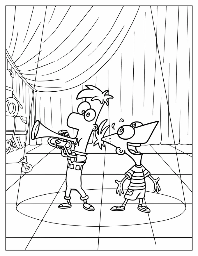 Ferb Playing Trumpet While Phineas Sings Coloring Sheet For Kids