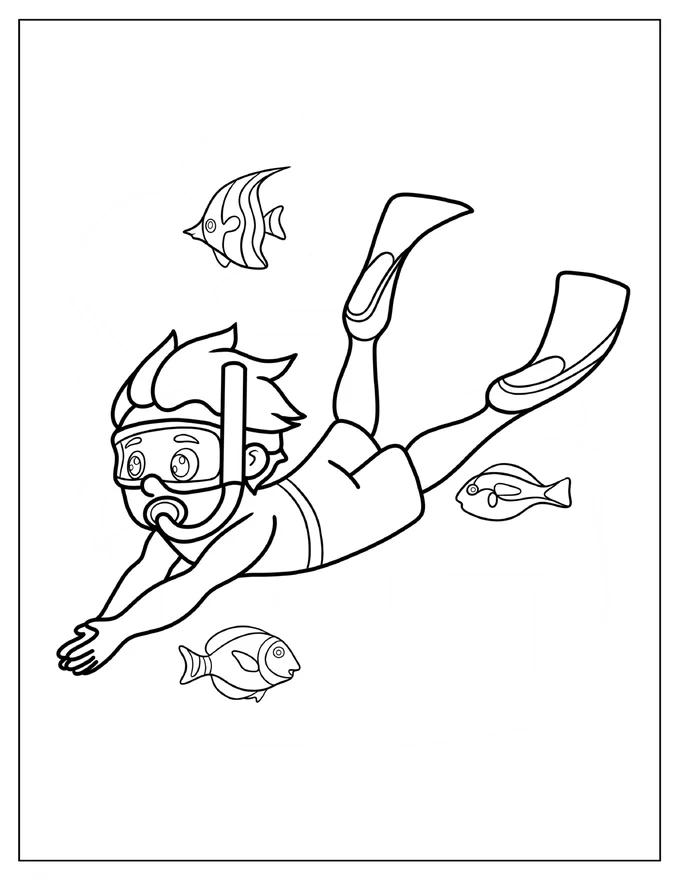 Simple Little Boy Swimming With Snorkeling Gear Coloring Page For Kids