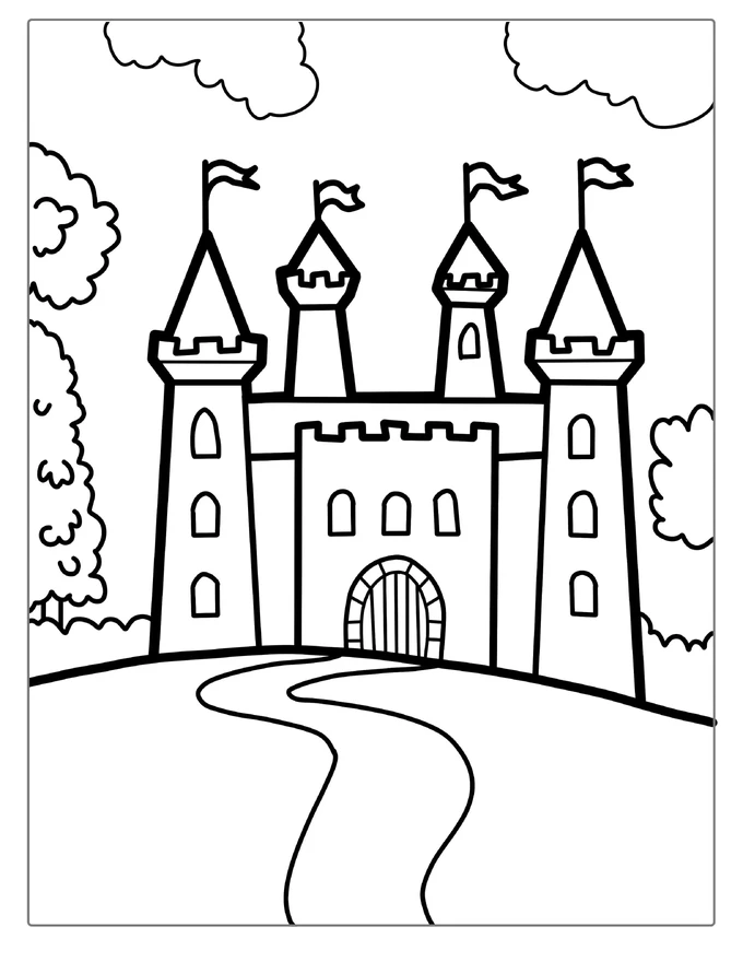 Simple Outline Of Castle With Flags For Kids