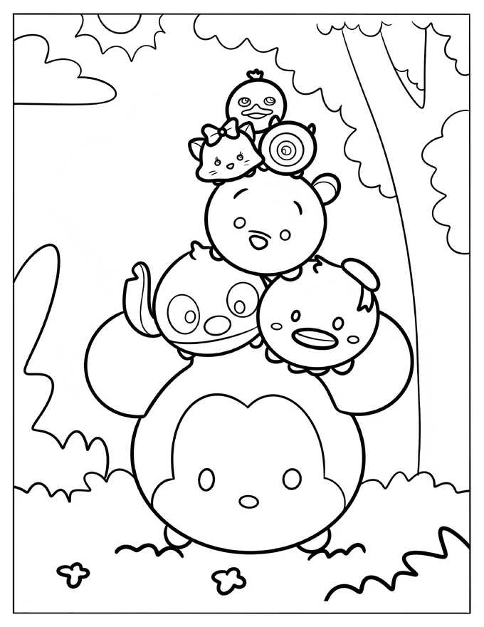 Tsum Tsum Pyramid With Mickey, Stitch, Donald Duck, And Others Coloring Sheet