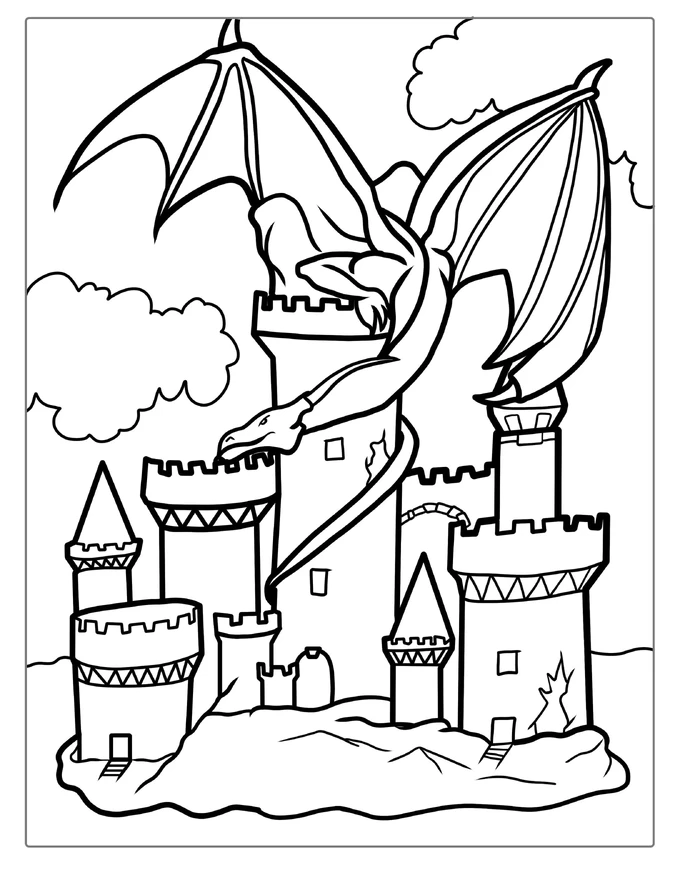 Middle Ages Castle With Dragon Coloring Sheet