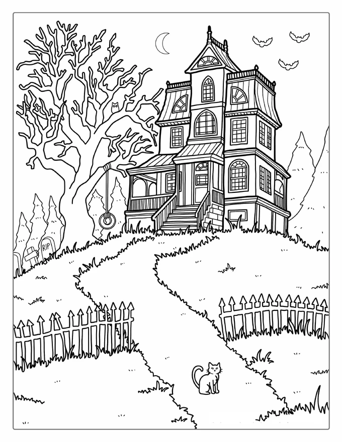 Realistic And Creepy Haunted House To Color