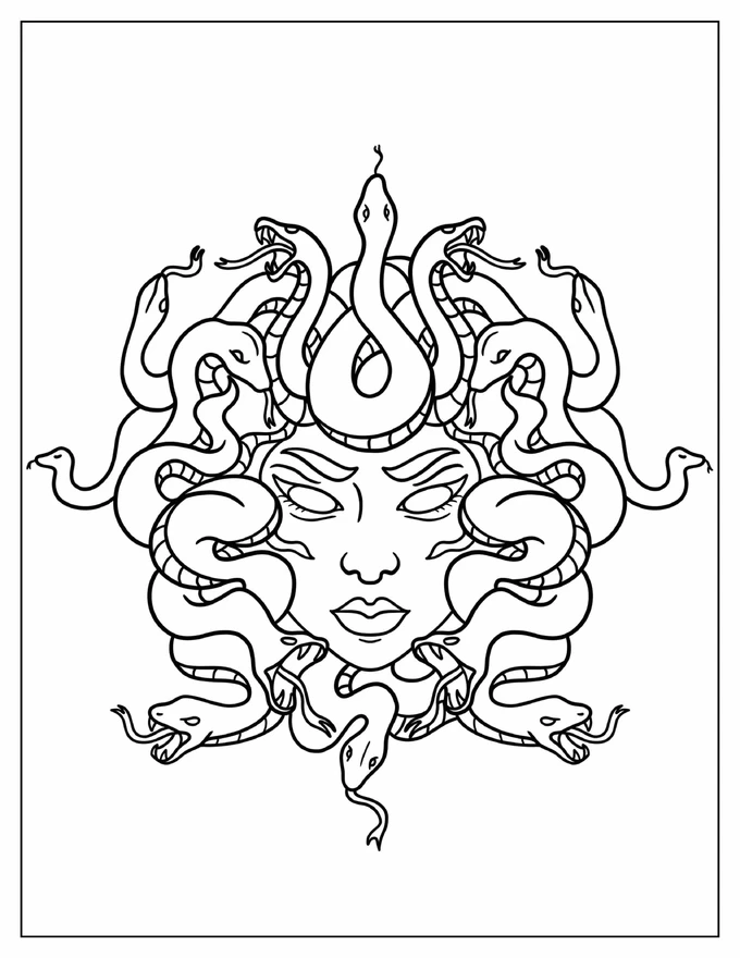 Simple Medusa With Head Full Of Snakes Coloring Sheet