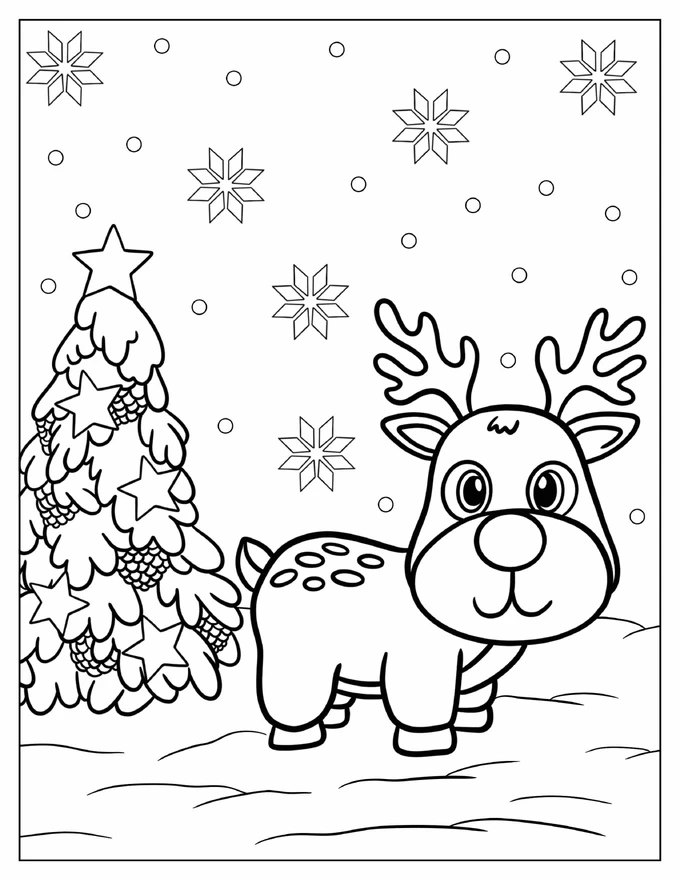 Adorable Little Rudolph Beside A Christmas Tree Coloring Sheet For Preschoolers