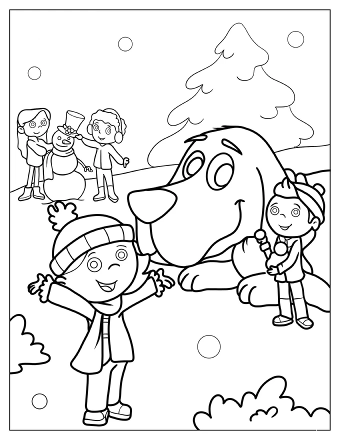 Children Celebrating Christmas With Clifford Coloring In