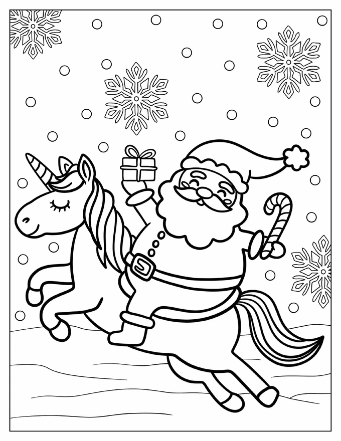 Happy Santa Claus Riding A Unicorn In Winter