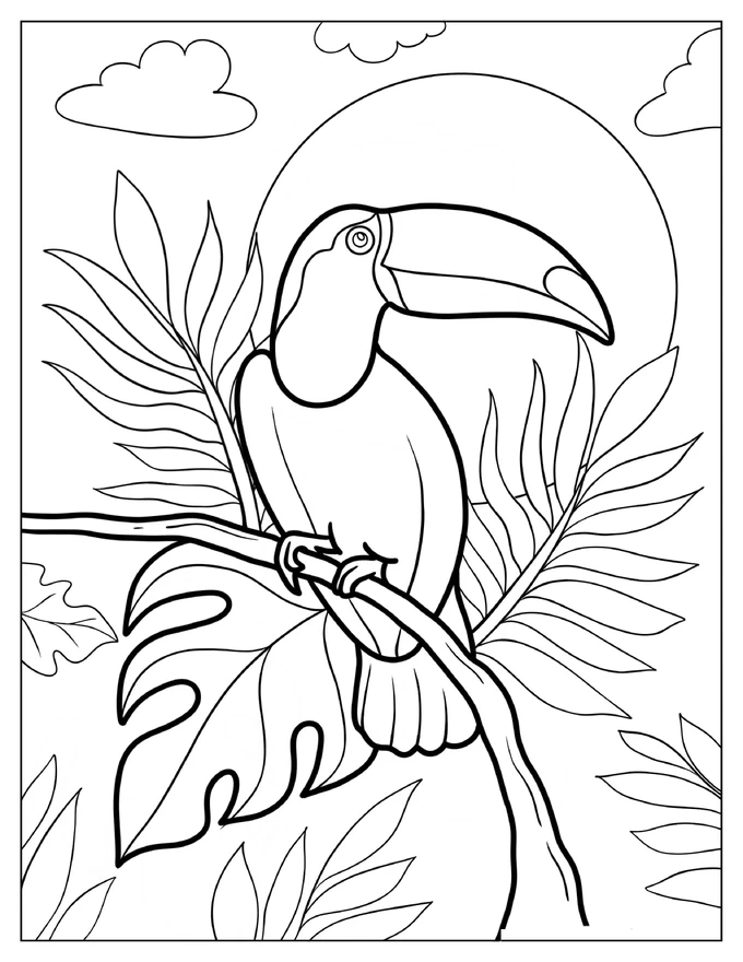 Toucan Perched On Branch In Front Of Sun Coloring Page