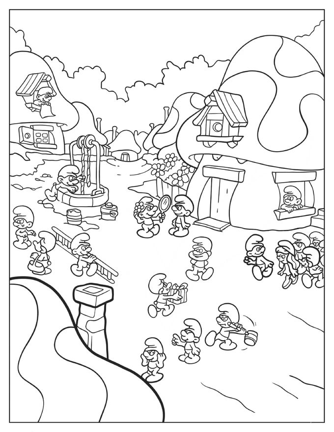 Detailed Smurf Village Coloring In