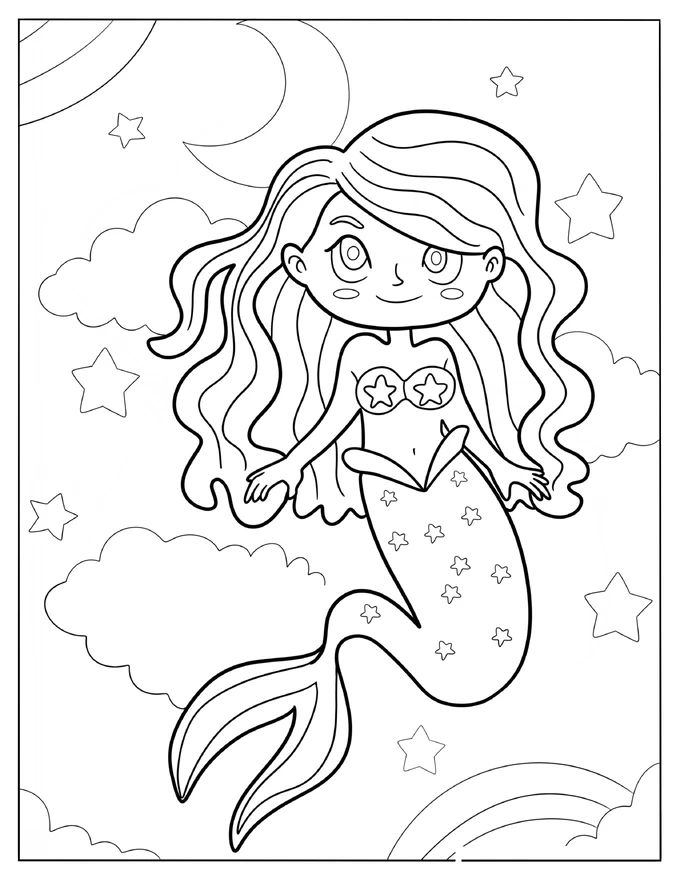 Cute Mermaid Swimming In The Night Sky