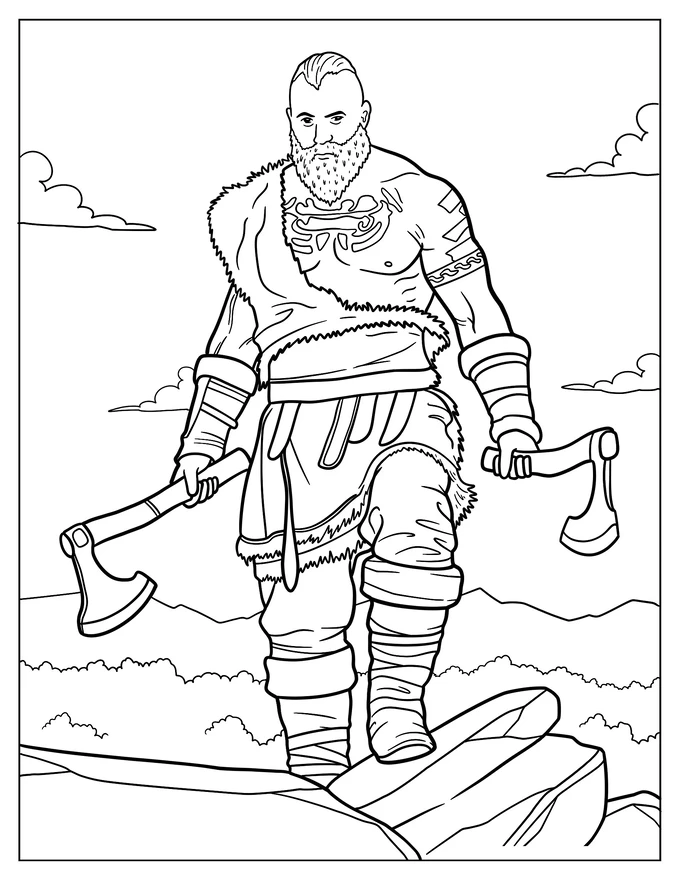 Tough Viking Carrying Two Axes Coloring Sheet